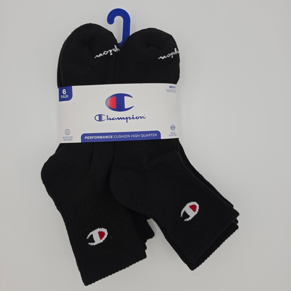 Champion 6 Pk Performance Cushion High Quarter Socks Black CPM251QT04001 6-12.5